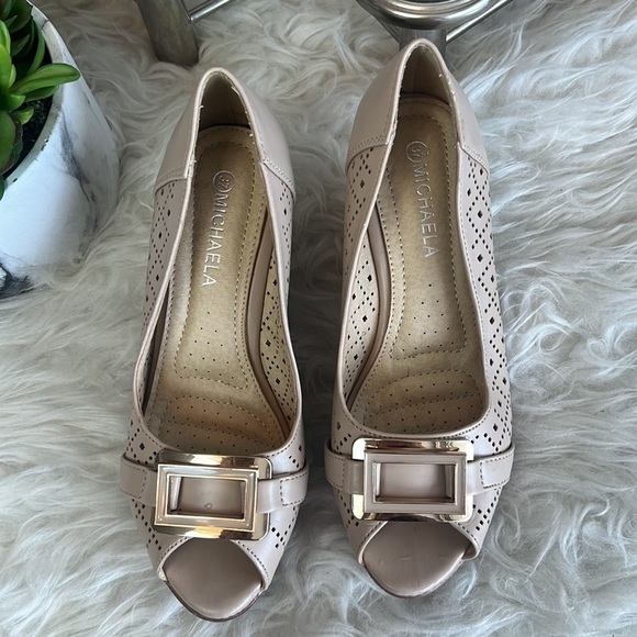 Michaela Women’s Nude/Brown Laser Cut Open Toe Wedge Sandals Size EU 37 - Picture 3 of 14